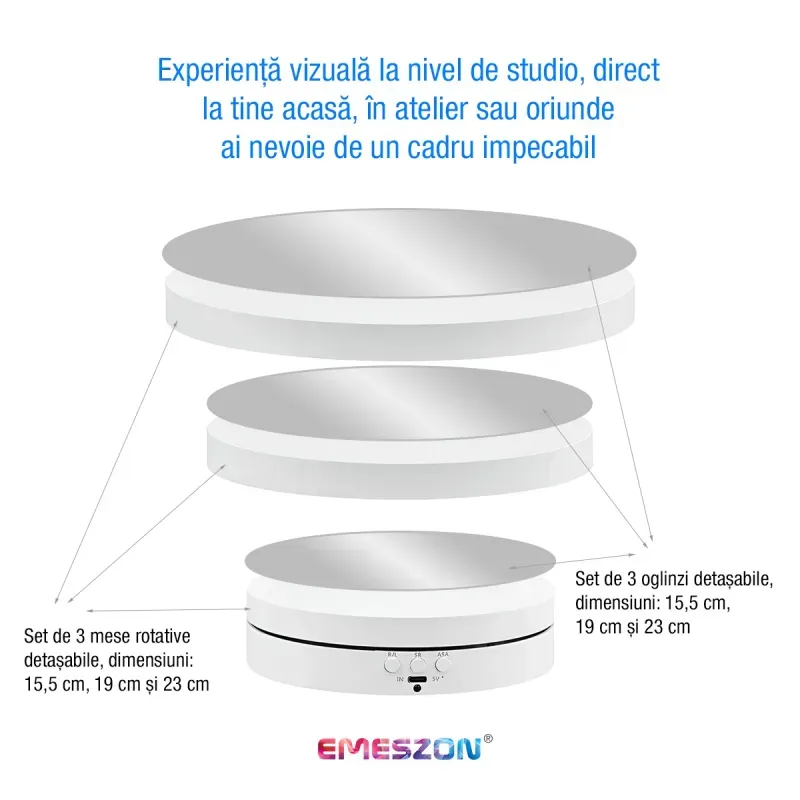 TV, Audio-Video si Foto - Aparate foto si accesorii - Accesorii foto si video - Alte accesorii foto & video - Masa Rotativa 360 electronica Foto si Video, EMESZON® RT3601, Oglinda, Stand Rotativ 3 in 1, Prezentare produse, Alb - Infinity.ro