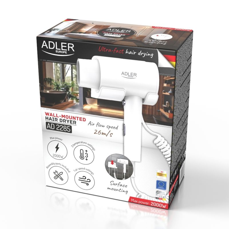 Ingrijire personala si Cosmetice - Aparate & accesorii ingrijire personala - Hair styling - Uscatoare de par - Uscator de par Adler AD2285w, sistem montare pe perete, 3 setari temperatura, viteza 26m/s, 18500 RPM, 2000W - Infinity.ro