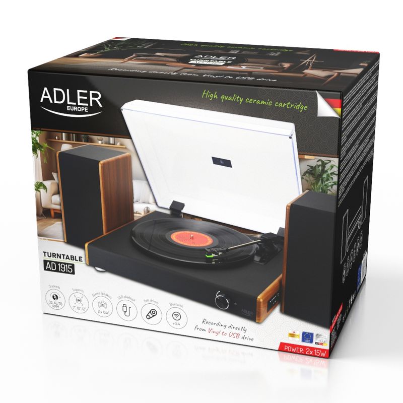 TV, Audio-Video si Foto - Audio Hi-Fi - Pick-Up - Pick-up Adler AD1915, 3 viteze, 7, 10, 12 inch, bluetooth, salvare pe stick, 2x5W - Infinity.ro