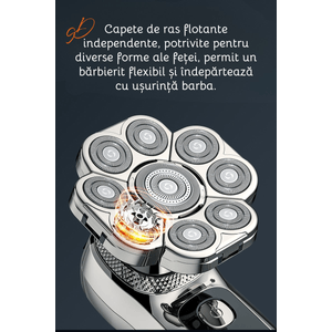 Aparat de ras electric Profesional, Accesorii 6 in 1, 9 lame rotative, uscat si umed, Afisaj LED, Barba, Cap si Nas
