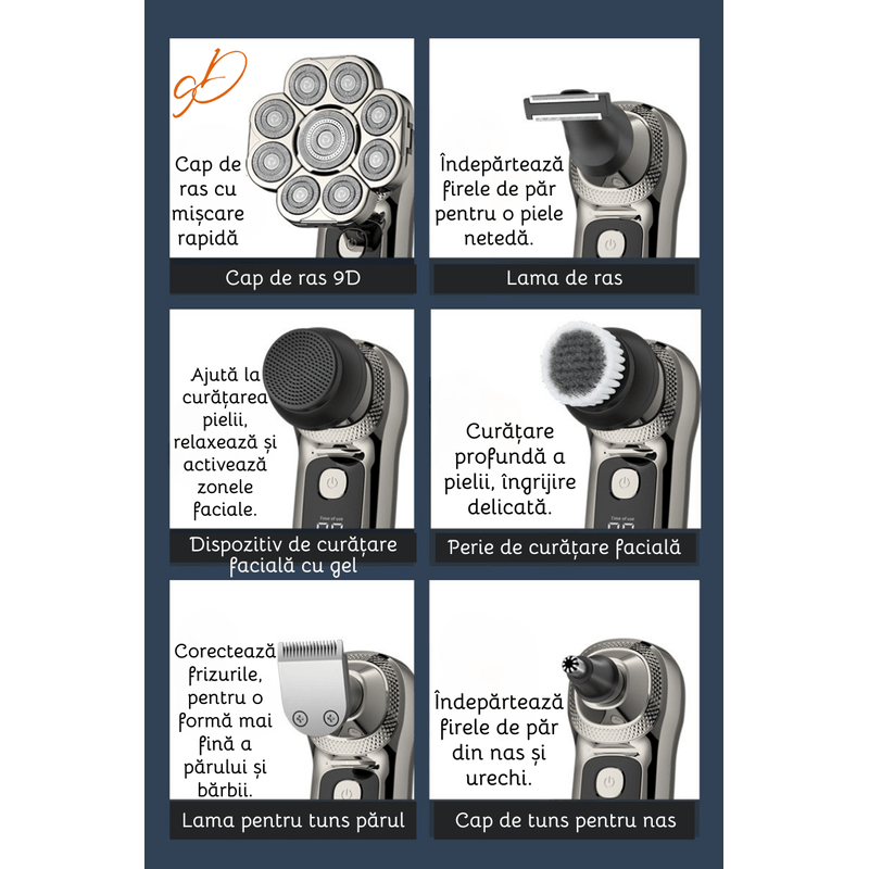Ingrijire personala si Cosmetice - Aparate & accesorii ingrijire personala - Aparate de ras si tuns - Aparate de ras electrice - Aparat de ras electric Profesional, Accesorii 6 in 1, 9 lame rotative, uscat si umed, Afisaj LED, Barba, Cap si Nas - Infinity.ro