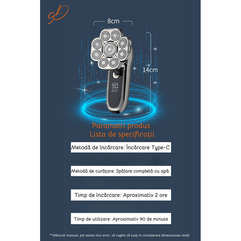 Ingrijire personala si Cosmetice - Aparate & accesorii ingrijire personala - Aparate de ras si tuns - Aparate de ras electrice - Aparat de ras electric Profesional, Accesorii 6 in 1, 9 lame rotative, uscat si umed, Afisaj LED, Barba, Cap si Nas - Infinity.ro