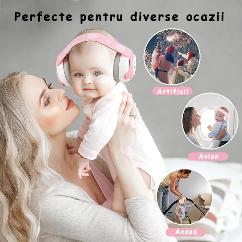 Jucarii, Copii si Bebe - Carucioare si articole de transport - Accesorii transport copii - Casti Antifonice Pentru Copii si Bebelusi 3-36 luni, Protectie Auditiva, Prindere Sigura Fontanela, Alb cu Roz - Infinity.ro