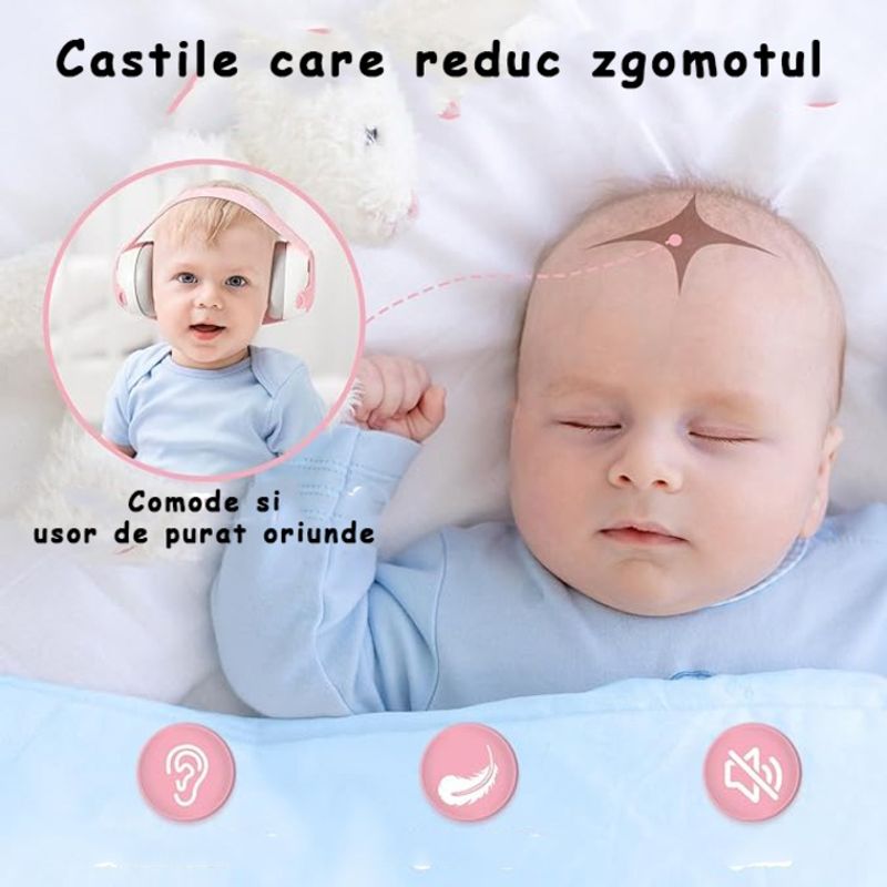 Jucarii, Copii si Bebe - Carucioare si articole de transport - Accesorii transport copii - Casti Antifonice Pentru Copii si Bebelusi 3-36 luni, Protectie Auditiva, Prindere Sigura Fontanela, Alb cu Roz - Infinity.ro
