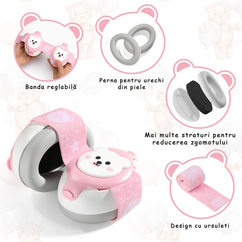 Jucarii, Copii si Bebe - Carucioare si articole de transport - Accesorii transport copii - Casti Antifonice Pentru Copii si Bebelusi 3-36 luni, Protectie Auditiva, Prindere Sigura Fontanela, Alb cu Roz - Infinity.ro
