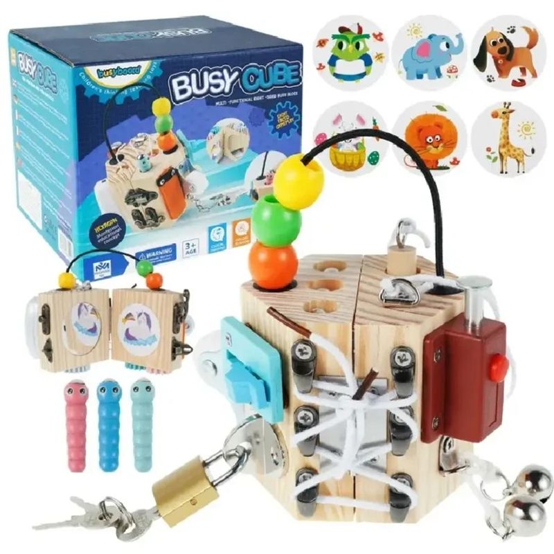 Jucarii, Copii si Bebe - Jucarii si jocuri - Jucarii & jocuri educative - Jucarii interactive - Cub Montessori  14 in 1 cu activitati senzoriale pentru copii, Busy Cube, 3 ani+, Edujucarii - Infinity.ro