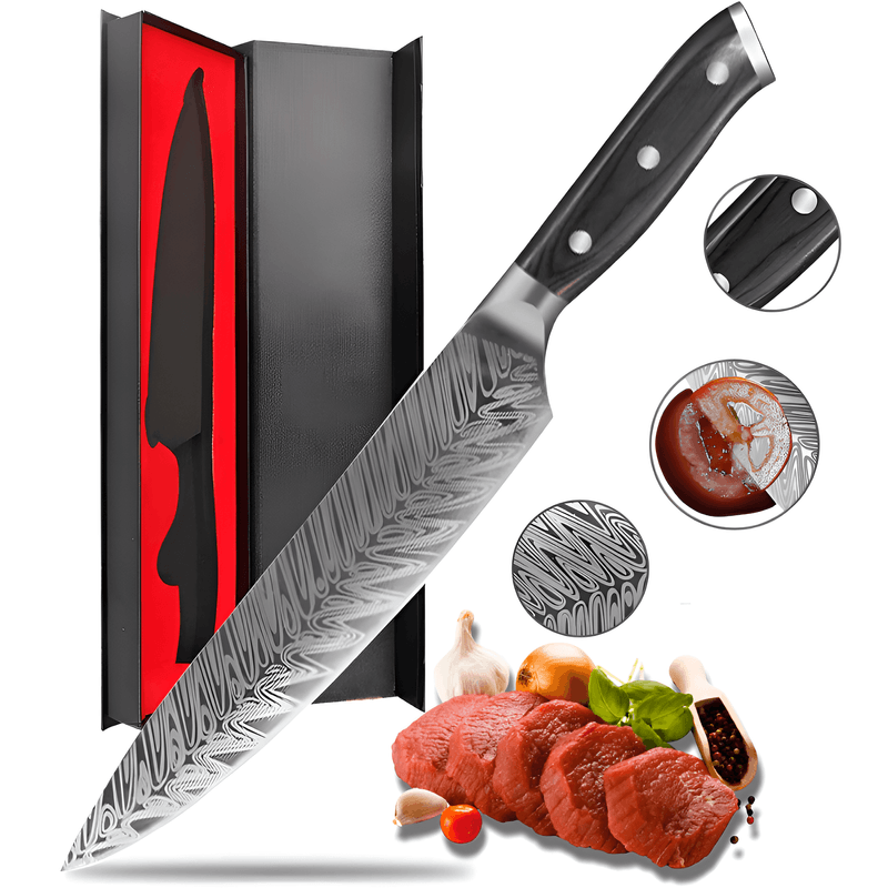 Casa si Gradina - Bucatarie si vesela - Vesela si tacamuri - Cutite si seturi de cutite - Cutit Profesional de bucatarie model Damasc, Koken, Lama de 21 cm, otel continut ridicat de carbon, Maner ergonomic Lemn - Infinity.ro