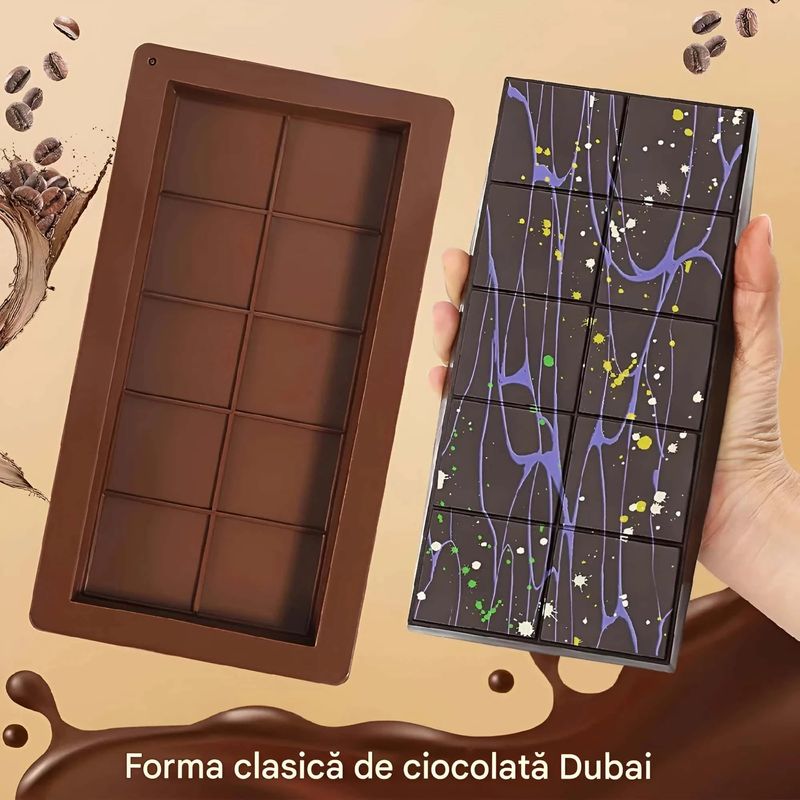 Casa si Gradina - Bucatarie si vesela - Ustensile bucatarie - Forme prajituri - Forma ciocolata din silicon premium, antiaderenta Koken Forma clasica ciocolata Dubai 10 patratele, 25x13x1.5 cm, Maro - Infinity.ro