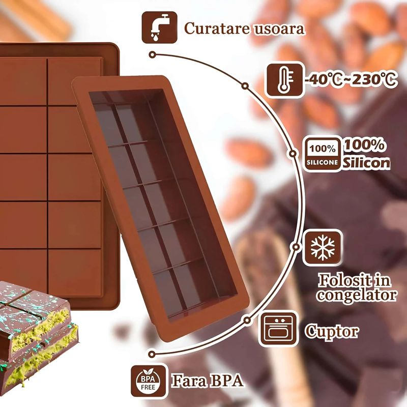Casa si Gradina - Bucatarie si vesela - Ustensile bucatarie - Forme prajituri - Forma ciocolata din silicon premium, antiaderenta Koken Forma clasica ciocolata Dubai 10 patratele, 25x13x1.5 cm, Maro - Infinity.ro