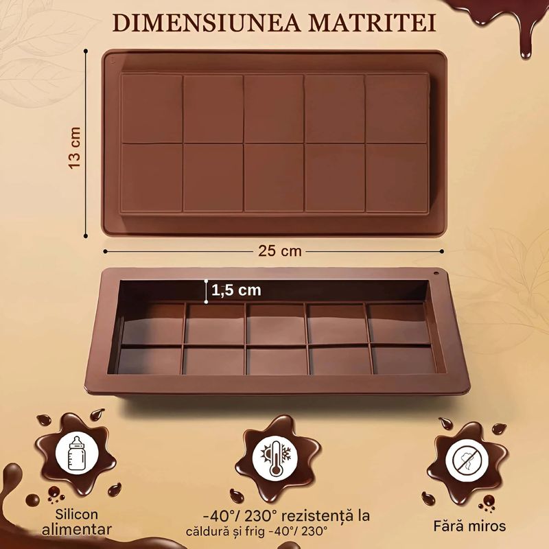 Casa si Gradina - Bucatarie si vesela - Ustensile bucatarie - Forme prajituri - Forma ciocolata din silicon premium, antiaderenta Koken Forma clasica ciocolata Dubai 10 patratele, 25x13x1.5 cm, Maro - Infinity.ro