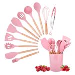Casa si Gradina - Bucatarie si vesela - Ustensile bucatarie - Seturi ustensile de bucatarie - Set 12 Ustensile Bucatarie Koken, Lemn/Silicon, Suport Plastic, Antiaderente, Termorezistente, Suport Lingura, Roz - Infinity.ro