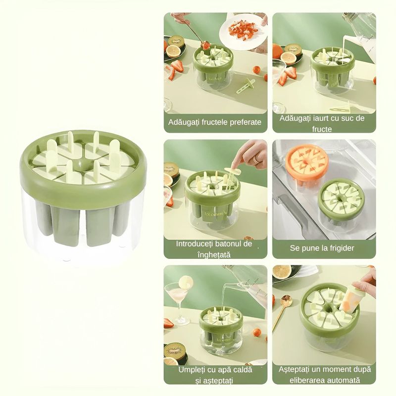 Casa si Gradina - Bucatarie si vesela - Ustensile bucatarie - Forme prajituri - Forma pentru Inghetata Koken, Matrita cu 8 compartimente din Plastic Ecologic, Verde, 11x13 cm - Infinity.ro