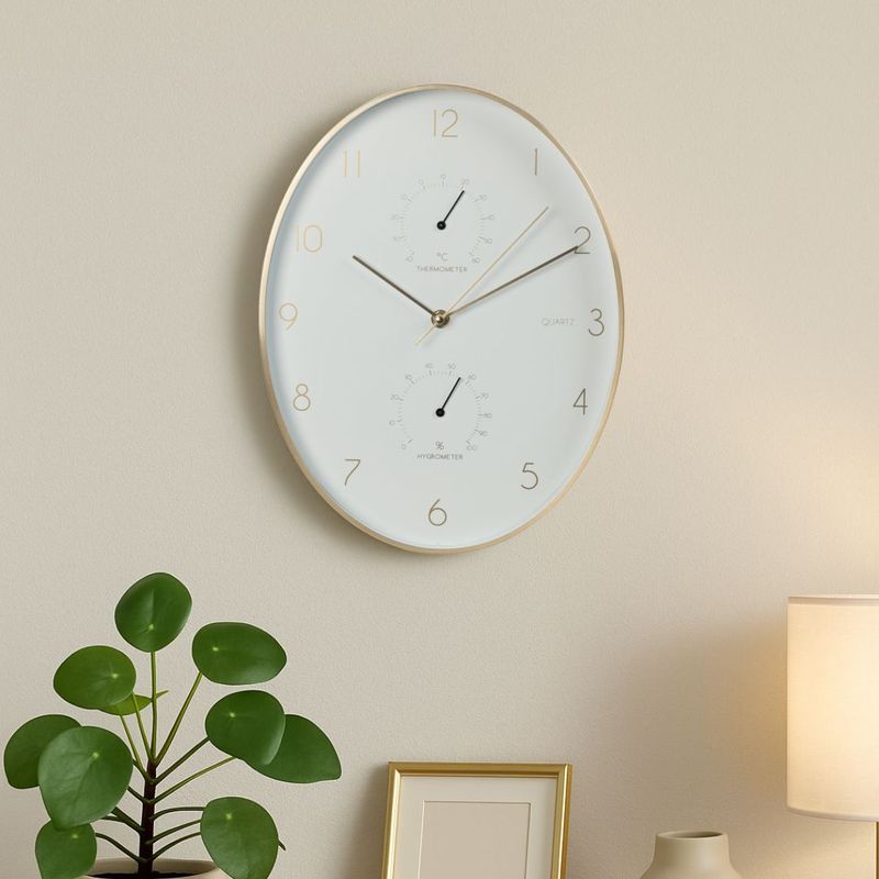 Casa si Gradina - Decoratiuni - Ceasuri - Ceas de perete cu statie meteo, 34 cm, alb cu auriu, design modern - Infinity.ro