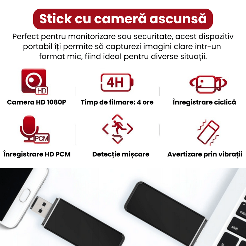 Laptop, Telefoane si Tablete - Wearables si gadgeturi - Gadgeturi - Dispozitive spionaj - Stick cu camera ascunsa, rezolutie 1080P, detectie miscare, autonomie 4 ore, inregistrare in bucla - Infinity.ro