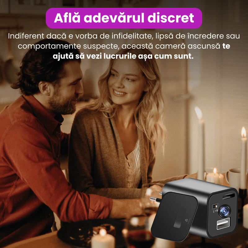 Laptop, Telefoane si Tablete - Wearables si gadgeturi - Gadgeturi - Dispozitive spionaj - Incarcator USB cu camera ascunsa 1080P, detectie miscarie, inregistrare in bucla, fara Wi-Fi, suport card microSD - Infinity.ro