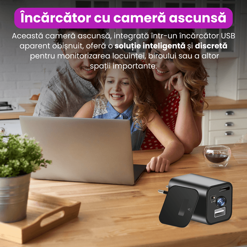 Laptop, Telefoane si Tablete - Wearables si gadgeturi - Gadgeturi - Dispozitive spionaj - Incarcator USB cu camera ascunsa 1080P, detectie miscarie, inregistrare in bucla, fara Wi-Fi, suport card microSD - Infinity.ro