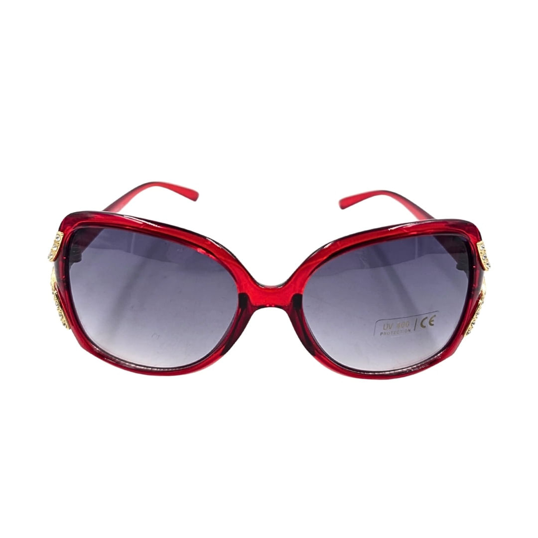 Ochelari de soare dama, Tiara, rama rosie lucioasa, forma fluture, detalii aurii, lentile fumurii, protectie UV 400