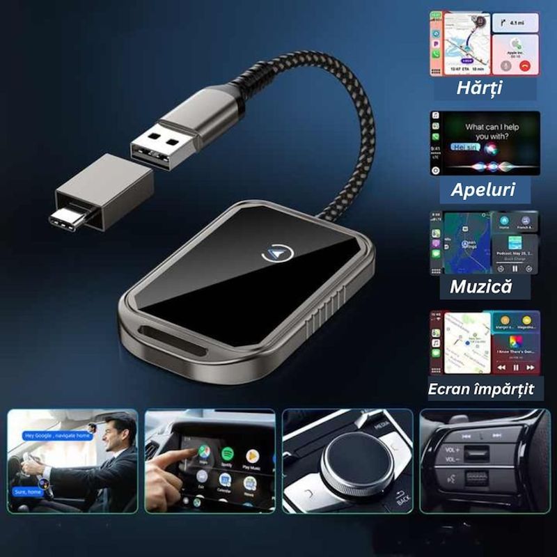 Auto si Moto - Electronice auto - Accesorii electronice auto - Modulator Auto 2 in 1 CarPlay Wireless – Modulator FM Multifunctional, Compatibil iPhone si Android - Infinity.ro