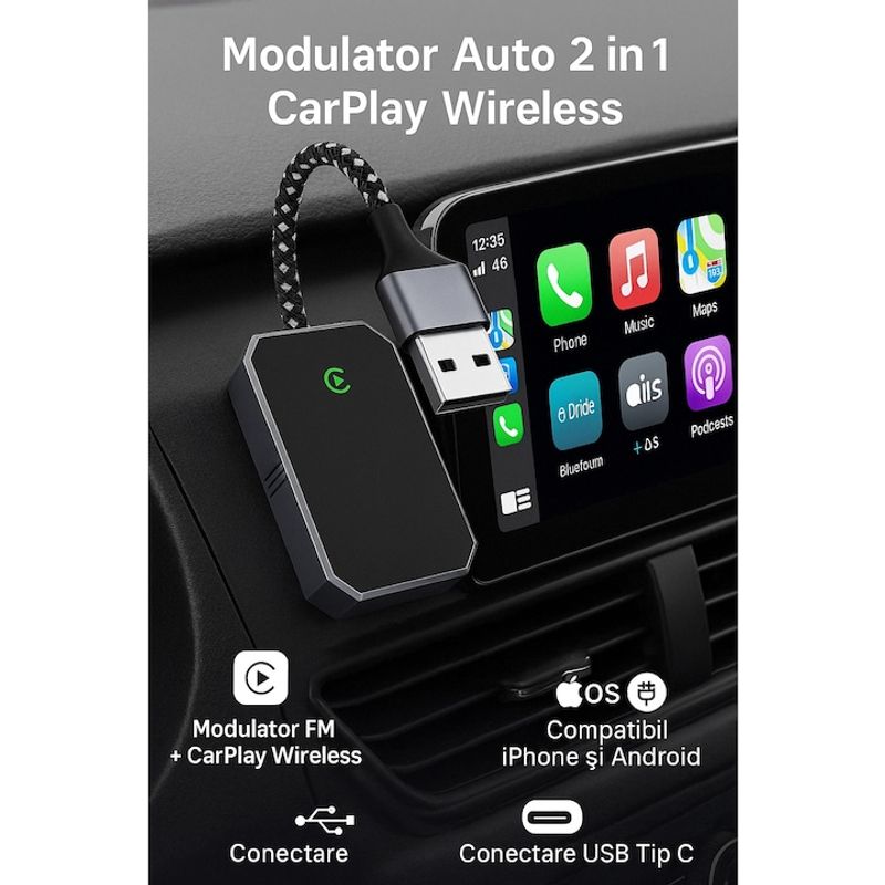 Auto si Moto - Electronice auto - Accesorii electronice auto - Modulator Auto 2 in 1 CarPlay Wireless – Modulator FM Multifunctional, Compatibil iPhone si Android - Infinity.ro