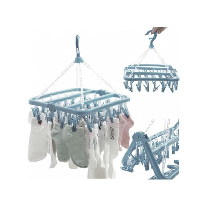Market - Spalare si intretinere rufe - Uscatoare de rufe si accesorii - Uscator pentru sosete si lenjerie intima, 32 clesti, plastic, albastru, 32x32 cm - Infinity.ro