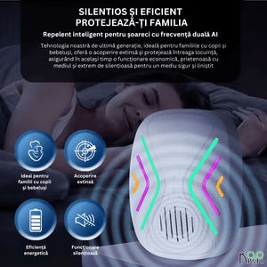 Repelent Ultrasonic Smart pentru Soareci Koopsio, Frecventa Duala AI, Protectie Eficienta 100 m²