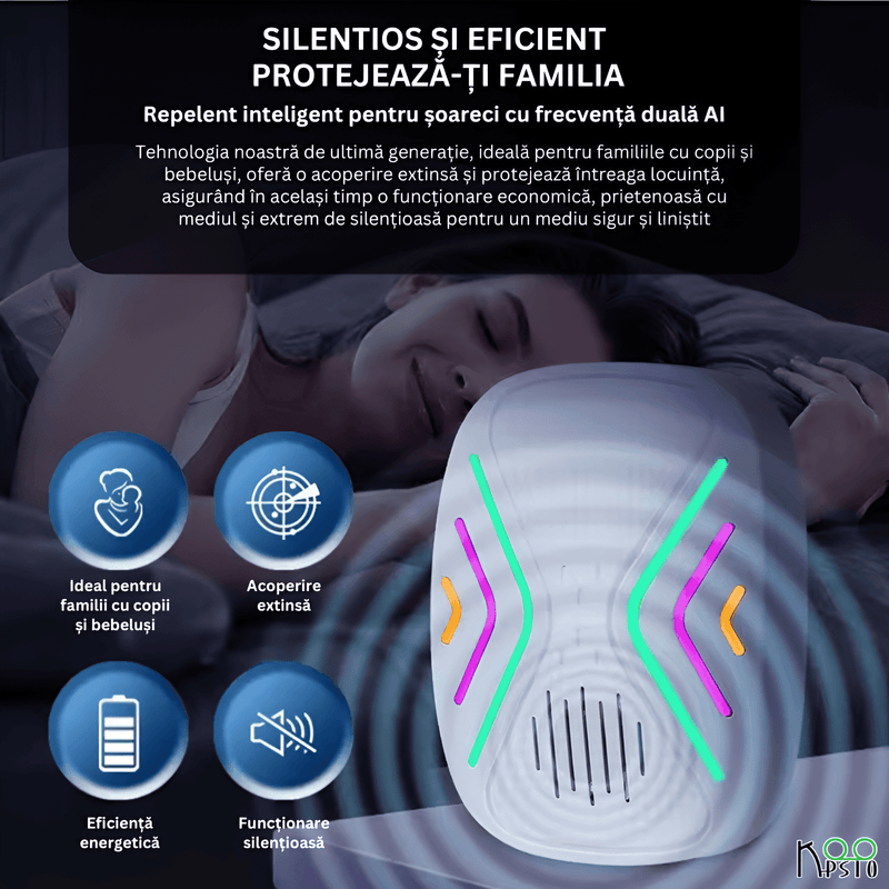 Casa si Gradina - Gradinarit si plante - Intretinere gradina - Articole daunatori gradina - Repelent Ultrasonic Smart pentru Soareci Koopsio, Frecventa Duala AI, Protectie Eficienta 100 m² - Infinity.ro