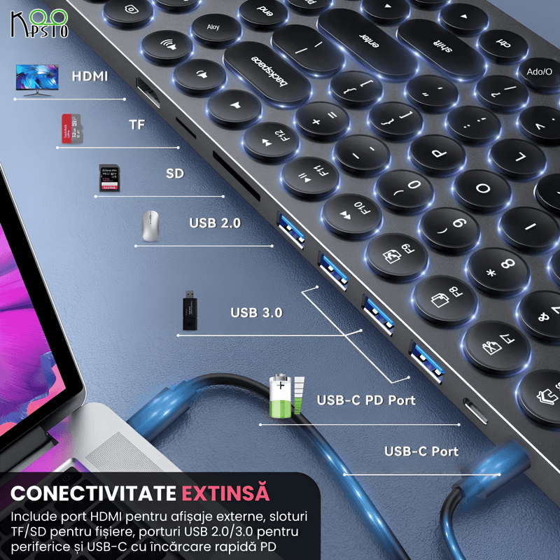 PC, gaming si accesorii - Periferice PC - Tastaturi - Tastatura Docking Station Koopsio Multiport, Slim, Low Profile, Compatibilitate Universala, slot HDMI 4K - Infinity.ro