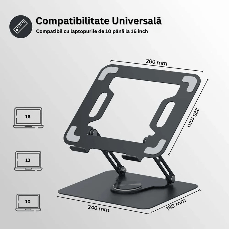 Laptop, Telefoane si Tablete - Laptopuri si accesorii - Accesorii Laptop - Standuri/Coolere notebook - Suport Laptop Reglabil, Baza Rotativa 360°, Anti-Alunecare, Disipare Caldura, Pliabil, 10-16", Metal, Cheie si Imbus - Infinity.ro