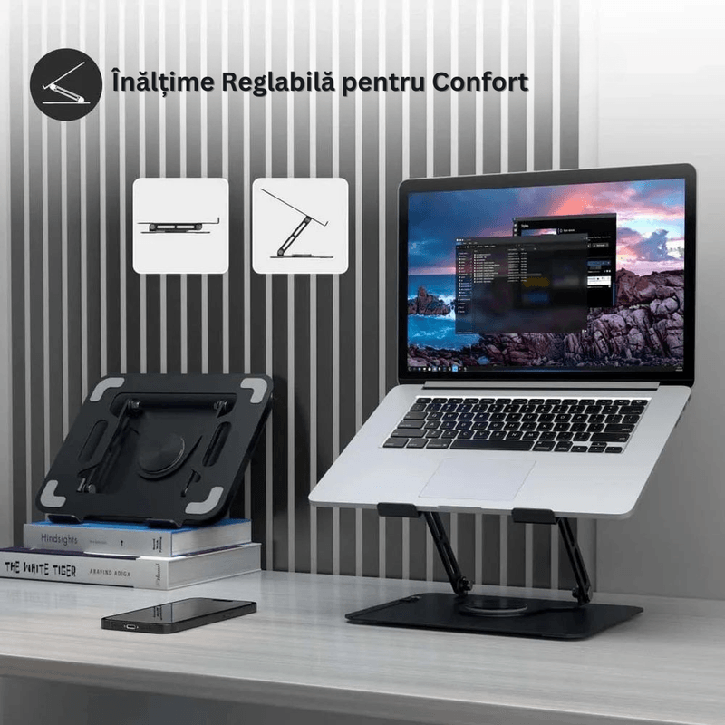 Laptop, Telefoane si Tablete - Laptopuri si accesorii - Accesorii Laptop - Standuri/Coolere notebook - Suport Laptop Reglabil, Baza Rotativa 360°, Anti-Alunecare, Disipare Caldura, Pliabil, 10-16", Metal, Cheie si Imbus - Infinity.ro