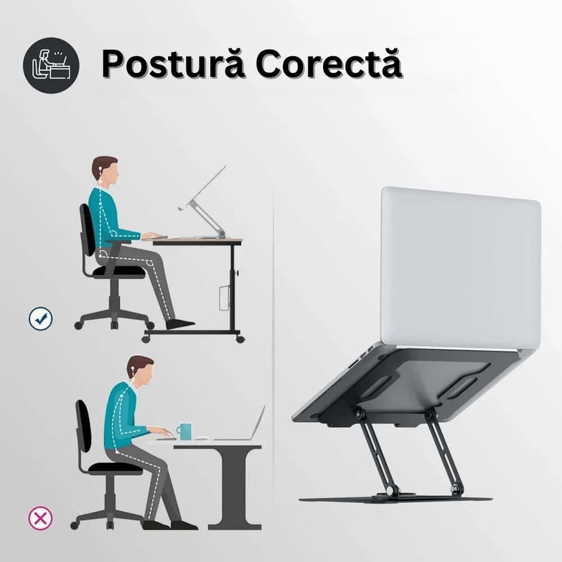 Laptop, Telefoane si Tablete - Laptopuri si accesorii - Accesorii Laptop - Standuri/Coolere notebook - Suport Laptop Reglabil, Baza Rotativa 360°, Anti-Alunecare, Disipare Caldura, Pliabil, 10-16", Metal, Cheie si Imbus - Infinity.ro