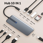 PC, gaming si accesorii - Retelistica - Hub-uri - Hub Adaptor Multiport 10 in 1 USB-C, 2 x USB-A 3.1, 2 x HDMI 4K, 30 Hz, 1 x USB-C, 1 x RJ45 Ethernet, din Aluminiu, Gri - Infinity.ro