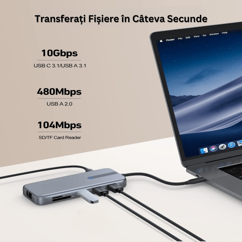 PC, gaming si accesorii - Retelistica - Hub-uri - Hub Adaptor Multiport 10 in 1 USB-C, 2 x USB-A 3.1, 2 x HDMI 4K, 30 Hz, 1 x USB-C, 1 x RJ45 Ethernet, din Aluminiu, Gri - Infinity.ro