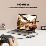 PC, gaming si accesorii - Retelistica - Hub-uri - Hub Adaptor Multiport 10 in 1 USB-C, 2 x USB-A 3.1, 2 x HDMI 4K, 30 Hz, 1 x USB-C, 1 x RJ45 Ethernet, din Aluminiu, Gri - Infinity.ro