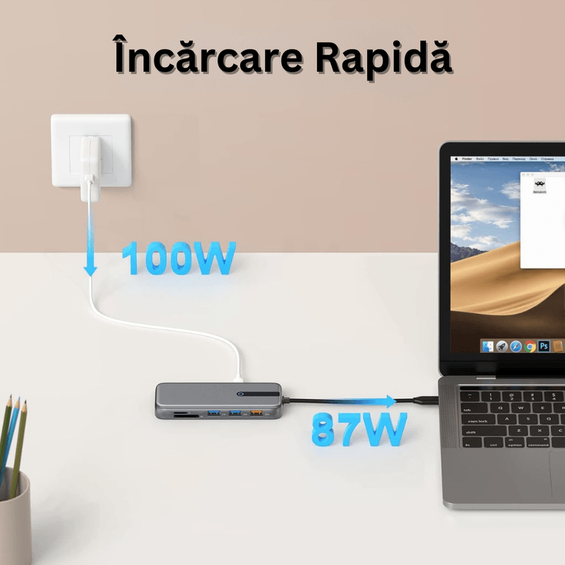 PC, gaming si accesorii - Retelistica - Hub-uri - Hub Adaptor Multiport 10 in 1 USB-C, 2 x USB-A 3.1, 2 x HDMI 4K, 30 Hz, 1 x USB-C, 1 x RJ45 Ethernet, din Aluminiu, Gri - Infinity.ro