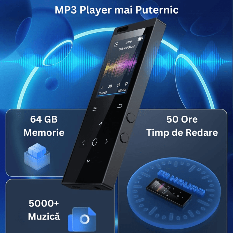 TV, Audio-Video si Foto - Portabile audio - Media Playere - Player MP3 cu Touchscreen, Ecran 1.8 inch, Bluetooth 5.2, 64GB Memorie, Radio FM, Casti si Cititor de Carduri Incluse - Infinity.ro