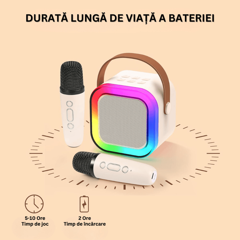 TV, Audio-Video si Foto - Audio profesionale - Microfoane profesionale - Set 2 Microfoane Karaoke cu Boxa, Wireless, Bluetooth, LED RGB, Sunet 3D, 5 Efecte, MicroSD, AUX, Portabil, USB-C, Roz - Infinity.ro