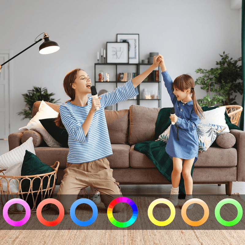 TV, Audio-Video si Foto - Audio profesionale - Microfoane profesionale - Set 2 Microfoane Karaoke cu Boxa, Wireless, Bluetooth, LED RGB, Sunet 3D, 5 Efecte, MicroSD, AUX, Portabil, USB-C, Roz - Infinity.ro