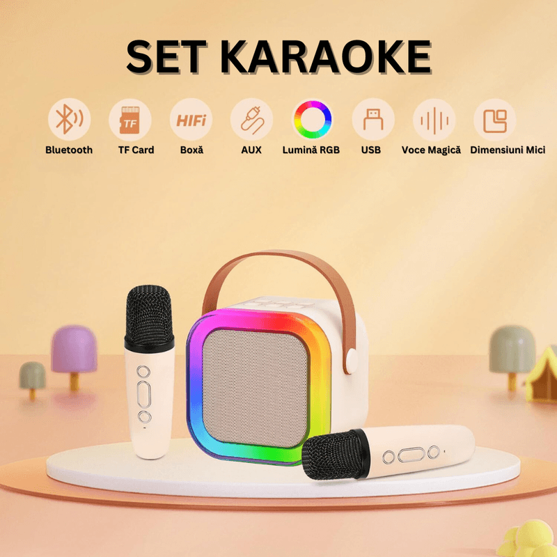 TV, Audio-Video si Foto - Audio profesionale - Microfoane profesionale - Set 2 Microfoane Karaoke cu Boxa, Wireless, Bluetooth, LED RGB, Sunet 3D, 5 Efecte, MicroSD, AUX, Portabil, USB-C, Roz - Infinity.ro