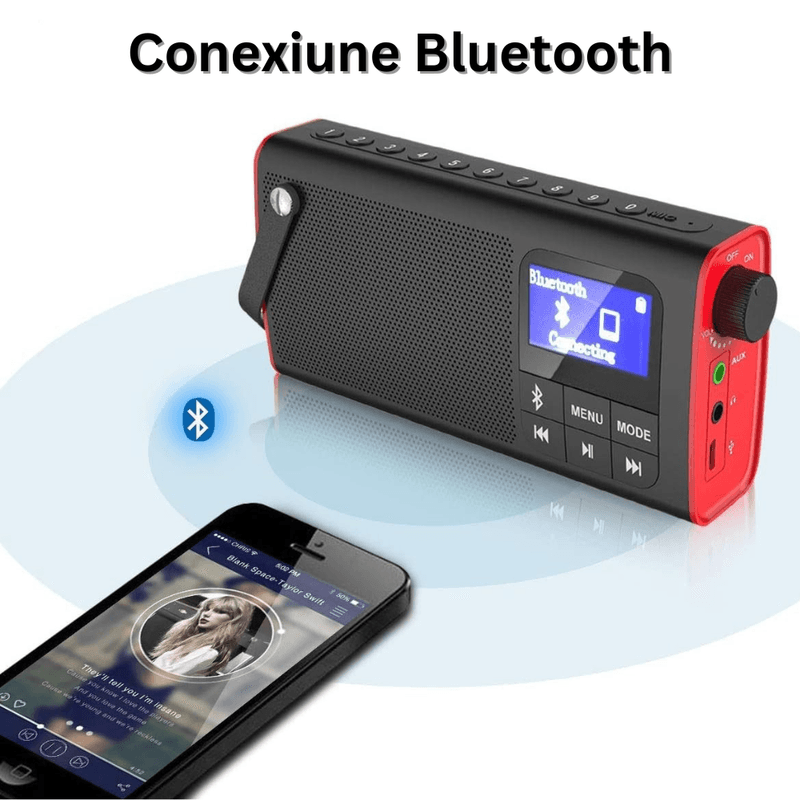 TV, Audio-Video si Foto - Portabile audio - Radio - Radio Portabil FM, Boxa Bluetooth, LCD, Card Micro SD, AUX, EQ 6 Moduri, Maner Transport, USB, Negru/Rosu - Infinity.ro