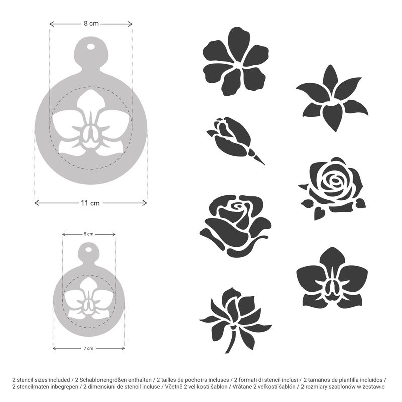 Market - Bacanie - Alte articole bacanie - Set 14 sabloane decorare cafea 18 si 7 cm 0.5mm Flori model MXSP7347 - Infinity.ro