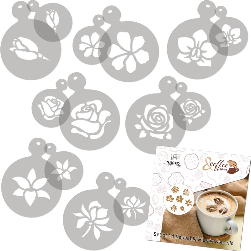 Market - Bacanie - Alte articole bacanie - Set 14 sabloane decorare cafea 18 si 7 cm 0.5mm Flori model MXSP7347 - Infinity.ro