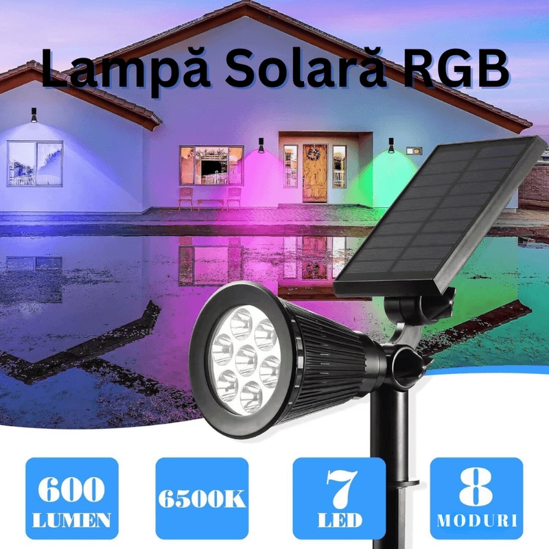 Casa si Gradina - Corpuri si surse de iluminat - Iluminat exterior - Lampi solare - Lampa Solara RGB de Exterior, cu Panou Solar Incorporat, 7 LED COB, Rezistenta la Apa IP65, Kit Montaj Inclus - Infinity.ro