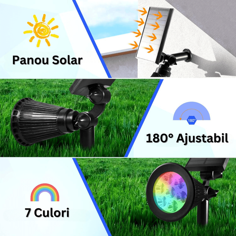 Casa si Gradina - Corpuri si surse de iluminat - Iluminat exterior - Lampi solare - Lampa Solara RGB de Exterior, cu Panou Solar Incorporat, 7 LED COB, Rezistenta la Apa IP65, Kit Montaj Inclus - Infinity.ro