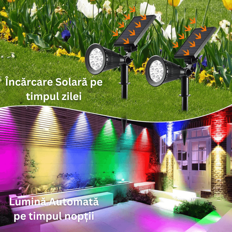 Casa si Gradina - Corpuri si surse de iluminat - Iluminat exterior - Lampi solare - Lampa Solara RGB de Exterior, cu Panou Solar Incorporat, 7 LED COB, Rezistenta la Apa IP65, Kit Montaj Inclus - Infinity.ro