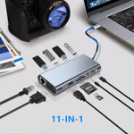 PC, gaming si accesorii - Retelistica - Hub-uri - Hub USB-C 11 in 1, 4x USB-A, HDMI 4K, VGA, RJ45, USB-C, PD 87W, Jack Audio, SD/MicroSD, Docking Station Laptop - Infinity.ro
