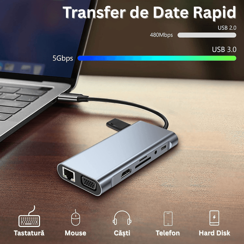 PC, gaming si accesorii - Retelistica - Hub-uri - Hub USB-C 11 in 1, 4x USB-A, HDMI 4K, VGA, RJ45, USB-C, PD 87W, Jack Audio, SD/MicroSD, Docking Station Laptop - Infinity.ro