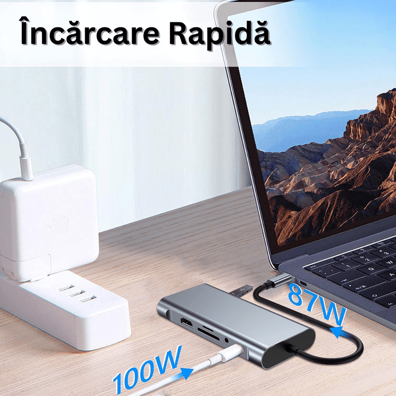 PC, gaming si accesorii - Retelistica - Hub-uri - Hub USB-C 11 in 1, 4x USB-A, HDMI 4K, VGA, RJ45, USB-C, PD 87W, Jack Audio, SD/MicroSD, Docking Station Laptop - Infinity.ro