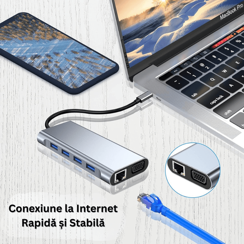 PC, gaming si accesorii - Retelistica - Hub-uri - Hub USB-C 11 in 1, 4x USB-A, HDMI 4K, VGA, RJ45, USB-C, PD 87W, Jack Audio, SD/MicroSD, Docking Station Laptop - Infinity.ro