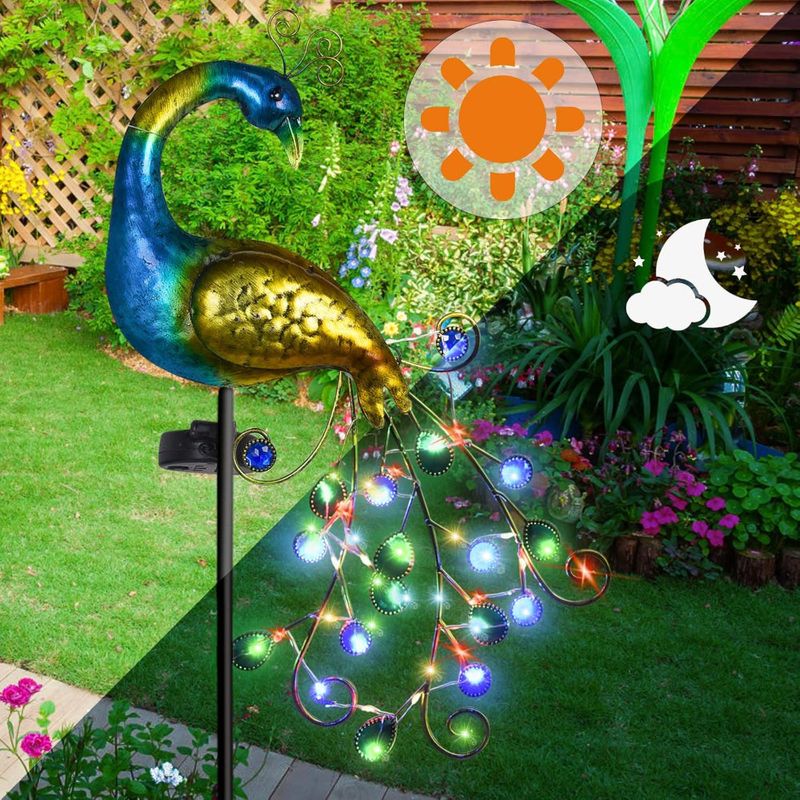 Casa si Gradina - Corpuri si surse de iluminat - Iluminat exterior - Lampi solare - Lampa Solara Exterior, LED RGB, Panou Solar 180° Mobil, Decor Paun cu Tarus, Gradina/Curte, Senzor Amurg, IP44 - Infinity.ro