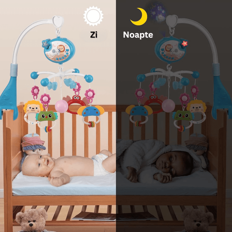 Jucarii, Copii si Bebe - Jucarii si jocuri - Jucarii bebelusi - Carusel patut - Carusel Muzical Patut Bebelusi, Telecomanda, Proiector Lumini, 4 Jucarii, Rotire 360°, 40 Melodii, Timer, Volum Reglabil - Infinity.ro